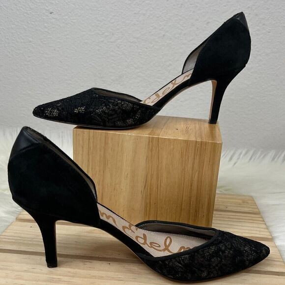 Sam Edelman Opal d'Orsay Lace & Suede Leather Women's Black Pointed Toe Heels - Picture 9 of 9